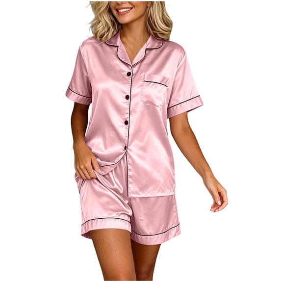 Sevevn Women's Satin Pajama Set Lapel Short Sleeve Button Down Top and Shorts 2 Piece Loungewear