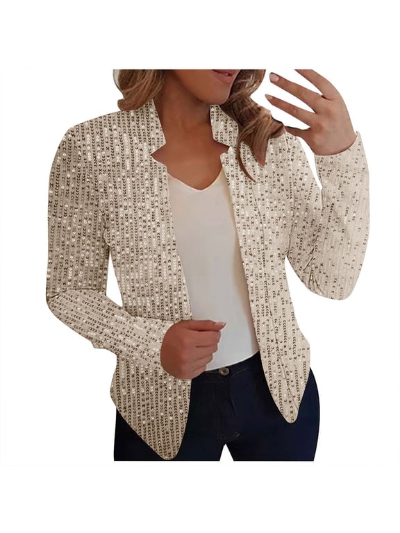 Women's Sequin Jacket Casual Long Sleeve Bomber Jackets Blazer Open Front Lightweight Cardigan for Party Evening