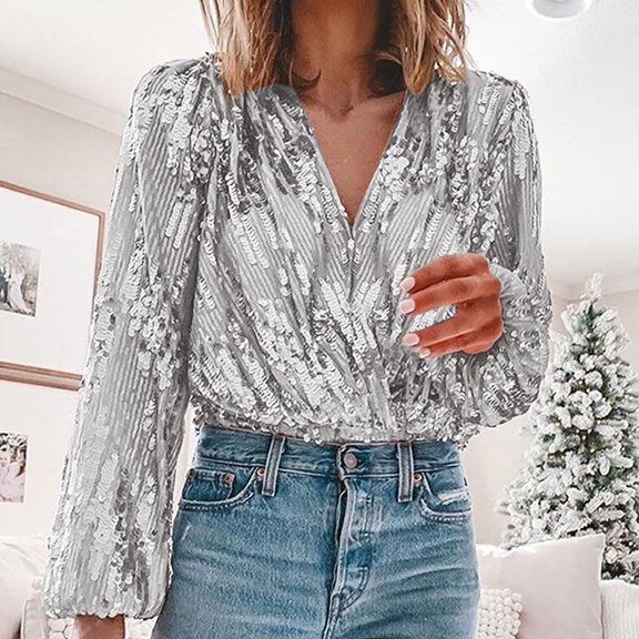 Sevevn Women's Sequined Blouses Long Sleeved V-Neck Overlapping Pullover Fashion Tops Gray L Rollbacks