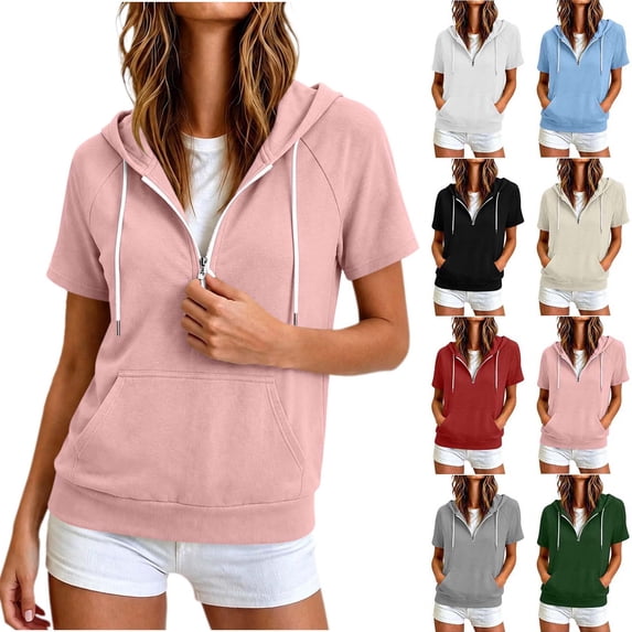 Sevevn Women's Short Sleeve Hoodie Half Zip Pullover Hooded Sweatshirt with Pocket Casual Raglan Sleeve Tops Pink M