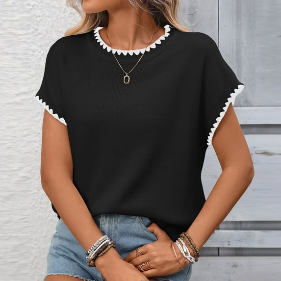 Sevevn Women's Short Sleeve Sweater 3D Floral Sweaters Pullover Tank Tops Knit Vest Trendy Fashion Clothing
