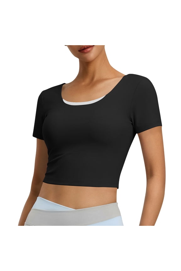 Women's Short Sleeve Workout Crop Tops Open Back Twisted Strappy Scoop Neck Slim Fit Athletic Shirts Black S
