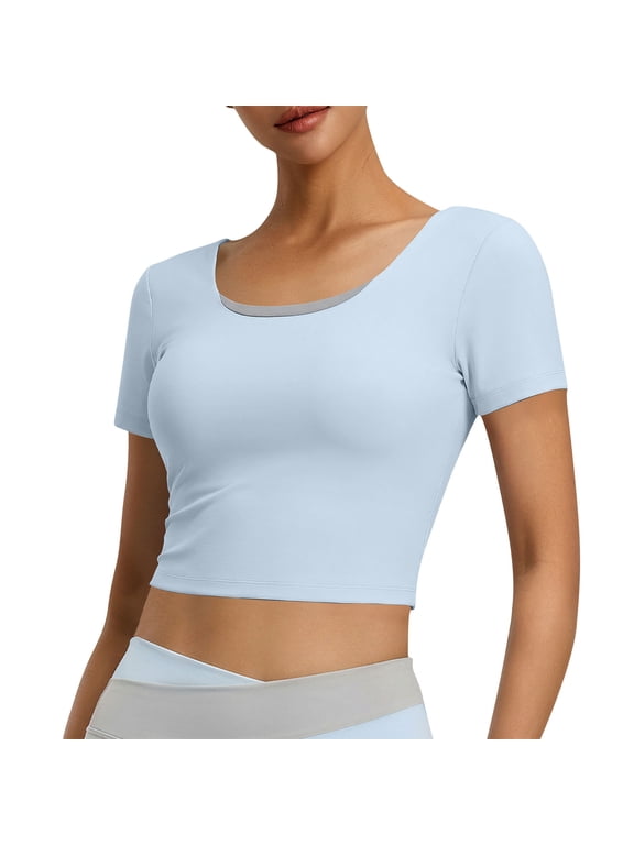 Women's Short Sleeve Workout Crop Tops Open Back Twisted Strappy Scoop Neck Slim Fit Athletic Shirts Blue L