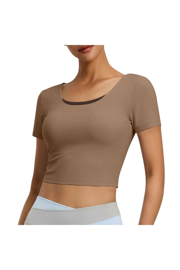 Women's Short Sleeve Workout Crop Tops Open Back Twisted Strappy Scoop Neck Slim Fit Athletic Shirts Coffee L