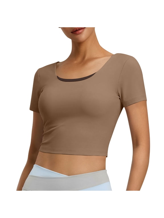 Women's Short Sleeve Workout Crop Tops Open Back Twisted Strappy Scoop Neck Slim Fit Athletic Shirts Coffee XL