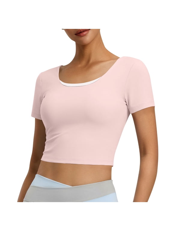 Women's Short Sleeve Workout Crop Tops Open Back Twisted Strappy Scoop Neck Slim Fit Athletic Shirts Pink L