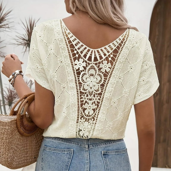 Sevevn Women's Short-sleeved Loose Shirt Holiday Gift Finder Beige M