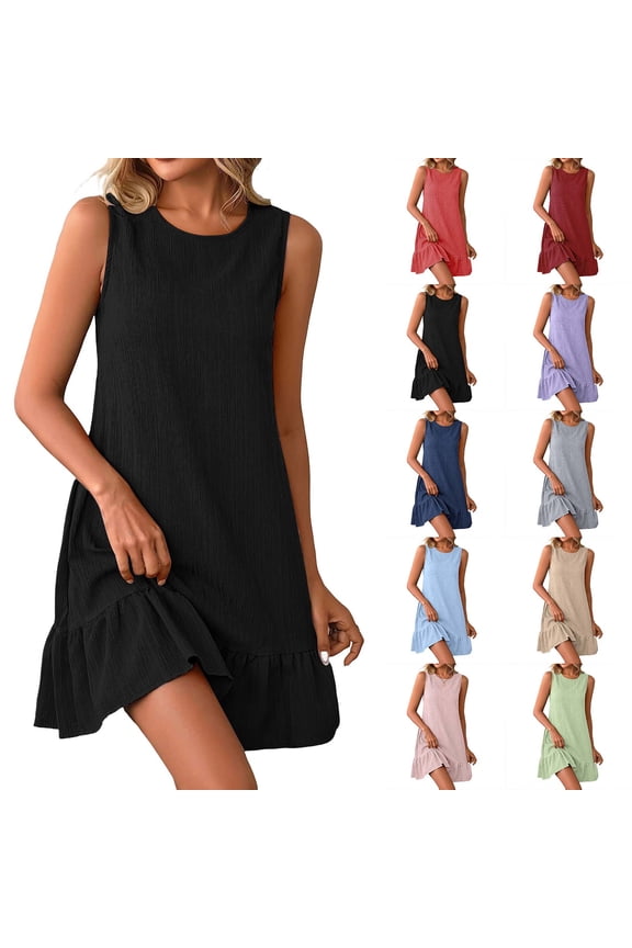 Women’s Sleeveless Casual Shift Dress Ruffle Hem Crew Neck Loose Fit Summer Mini Dress for Daily Wear Vacation Party Black L