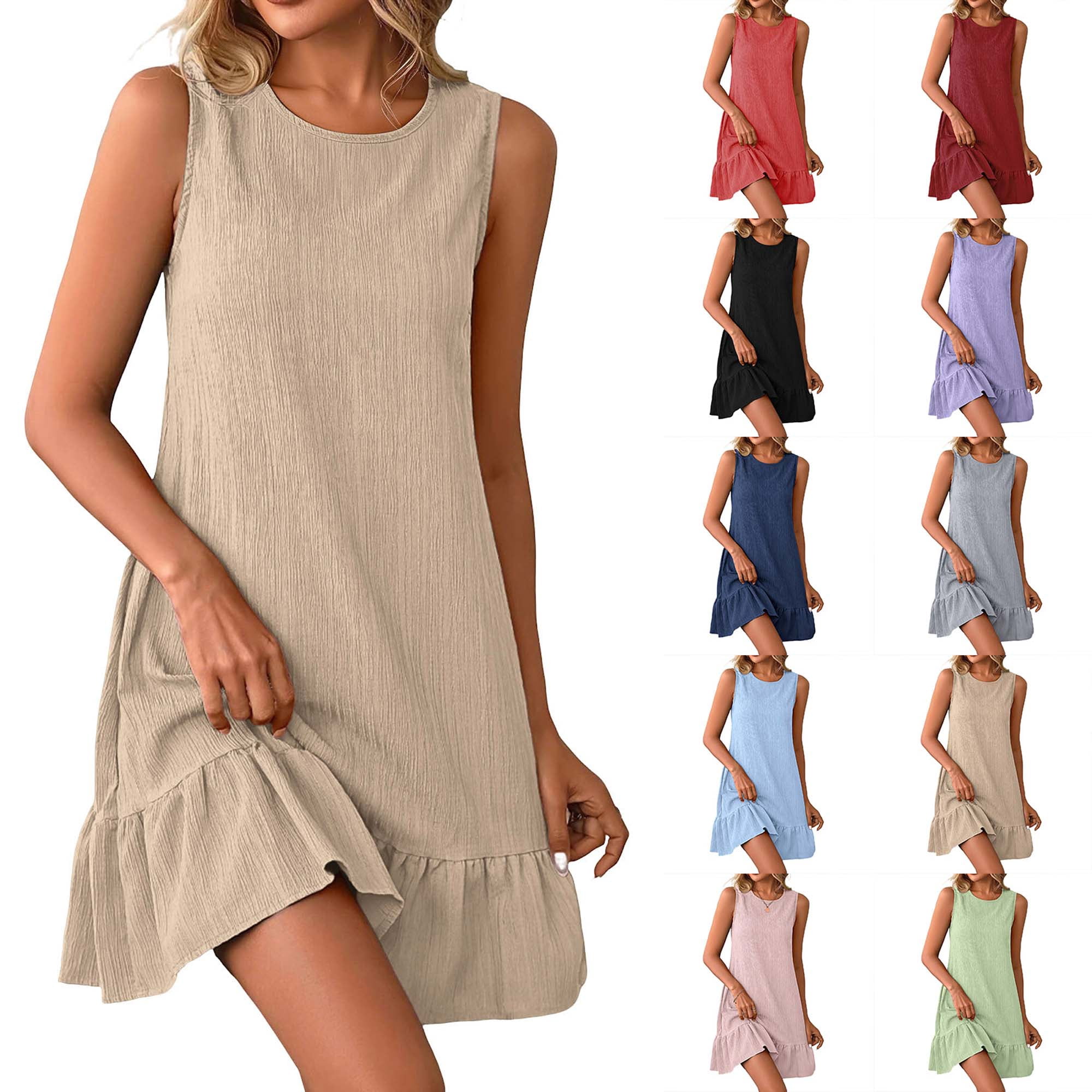 Sevevn Women’s Sleeveless Casual Shift Dress Ruffle Hem Crew Neck Loose ...