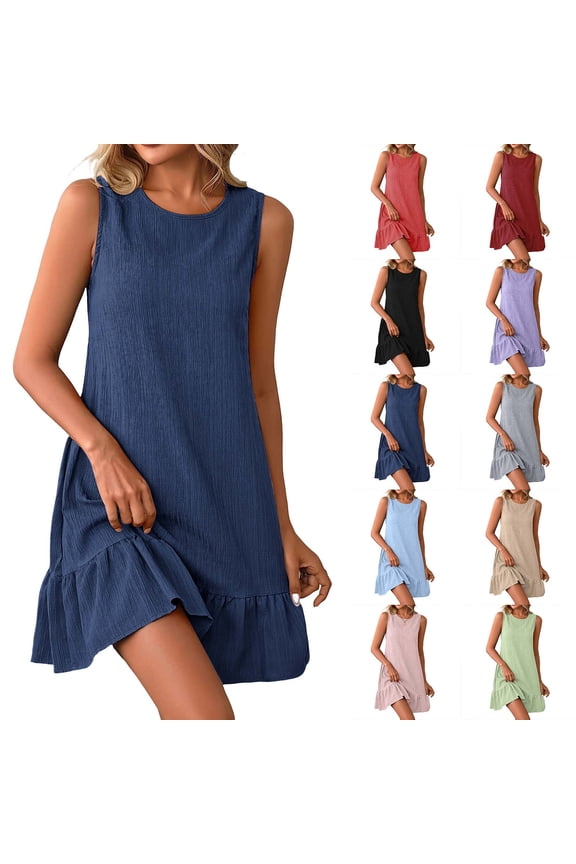 Women’s Sleeveless Casual Shift Dress Ruffle Hem Crew Neck Loose Fit Summer Mini Dress for Daily Wear Vacation Party Navy M
