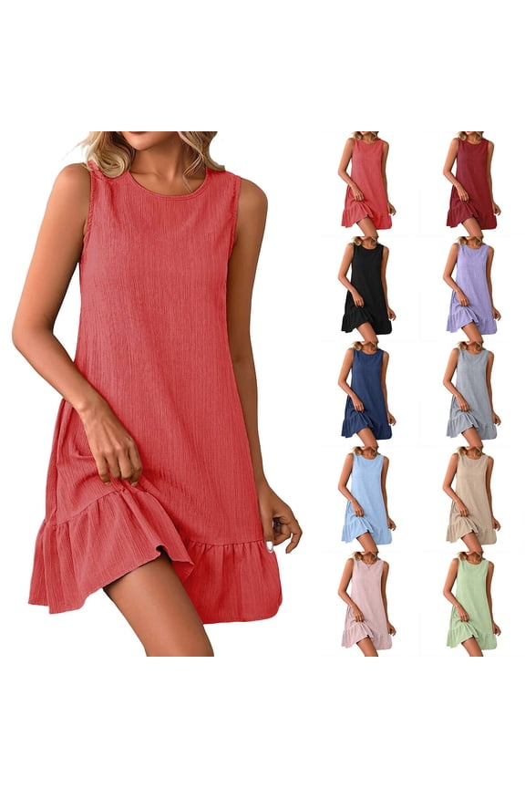 Women’s Sleeveless Casual Shift Dress Ruffle Hem Crew Neck Loose Fit Summer Mini Dress for Daily Wear Vacation Party Watermelon Red XL