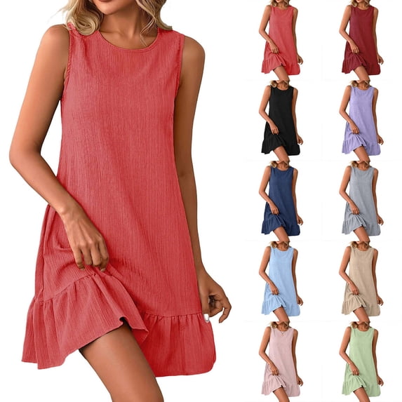 Sevevn Women’s Sleeveless Casual Shift Dress Ruffle Hem Crew Neck Loose Fit Summer Mini Dress for Daily Wear Vacation Party Watermelon Red XXL