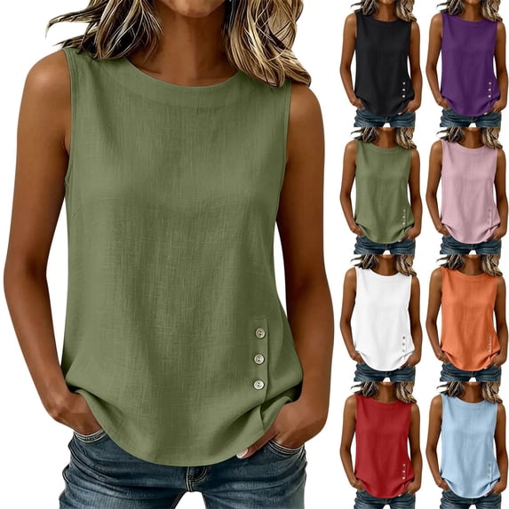 Sevevn Women's Sleeveless Imitation Cotton And Linen Tank Top Round Neck Side Button Casual Blouse Army Green XL