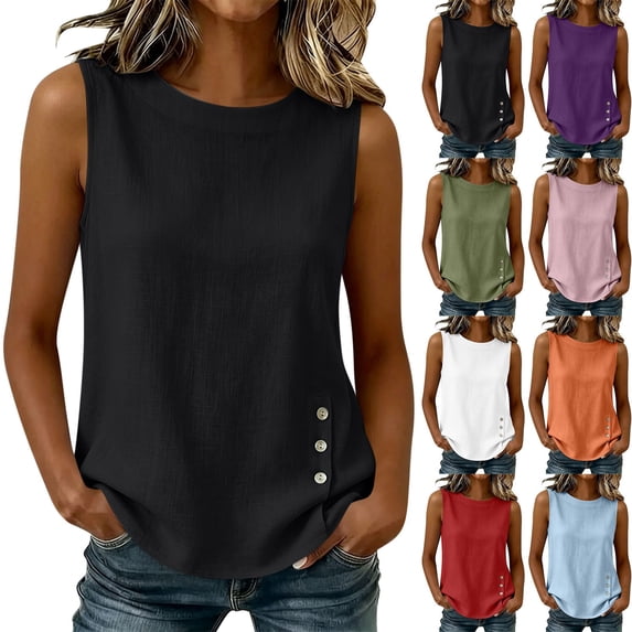 Sevevn Women's Sleeveless Imitation Cotton And Linen Tank Top Round Neck Side Button Casual Blouse Black 2XL