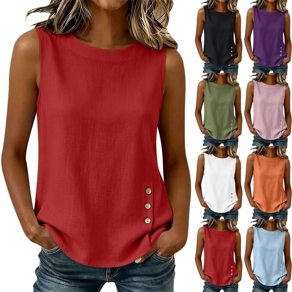 Sevevn Women's Sleeveless Imitation Cotton And Linen Tank Top Round Neck Side Button Casual Blouse Red 2XL