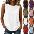 thumbnail image 1 of Sevevn Women's Sleeveless Imitation Cotton And Linen Tank Top Round Neck Side Button Casual Blouse White XL, 1 of 9