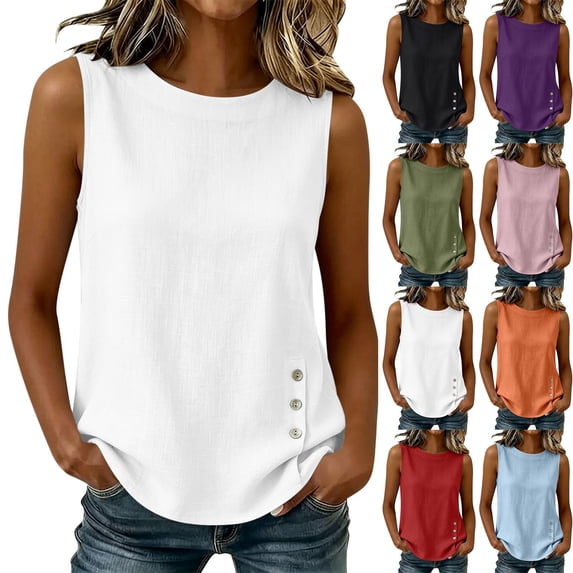 Sevevn Women's Sleeveless Imitation Cotton And Linen Tank Top Round Neck Side Button Casual Blouse White XL