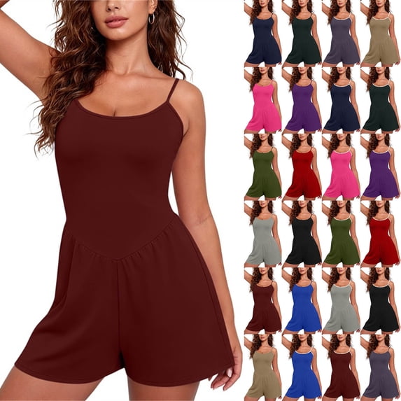 Sevevn Women’s Sleeveless Romper Casual Summer Jumpsuit Spaghetti Strap One Piece Shorts Outfit Loose Fit Lounge Playsuit Vacation Beachwear Cute Daily Wear Outfit