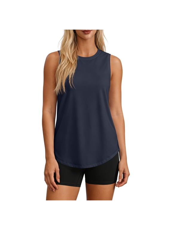 Women's Sleeveless Workout Tank Tops Crew Neck Loose Fit Curved Hem Quick Dry Athletic Shirts Navy L