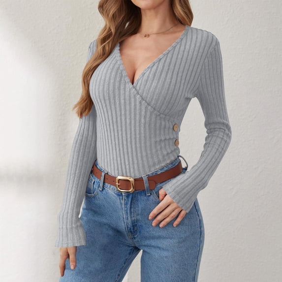 Sevevn Women's Slim Ribbed Knit Button Solid Color Long Sleeved Deep V-neck Tunic Dressy Top Gray XL