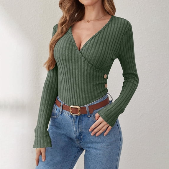 Sevevn Women's Slim Ribbed Knit Button Solid Color Long Sleeved Deep V-neck Tunic Dressy Top Green L