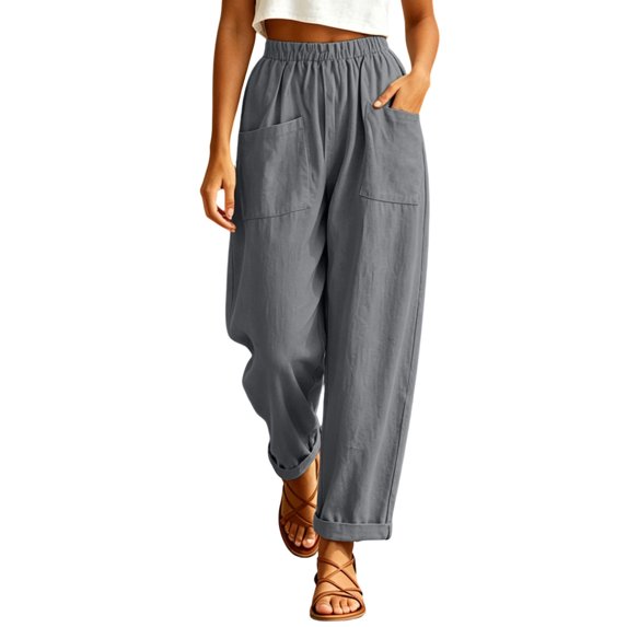 Sevevn Women's Soft Loose Barrel Casual Pants Elastic Stretch Waist Conceal Rollable Cuff Design Lightweight Spring Fall Beach Outfits