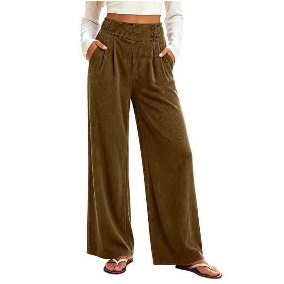 Sevevn Women's Soft Thick Vertical Rib Wide Leg Casual Pants High Waist Pleated Design With Side Pockets Fall Daily Wear Pants
