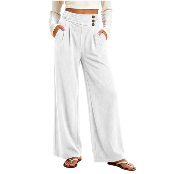 Sevevn Women's Soft Thick Vertical Rib Wide Leg Casual Pants High Waist Pleated Design With Side Pockets Fall Daily Wear Pants