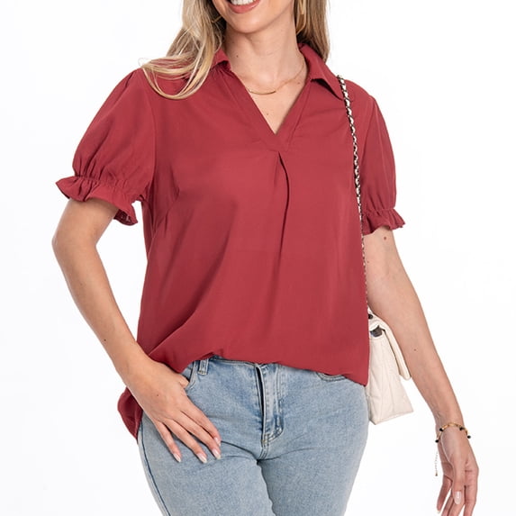 Sevevn Women's Solid Color Bubble Large Solid Lattice Fall Loose Button Long Sleeve Top Womens T-shirt