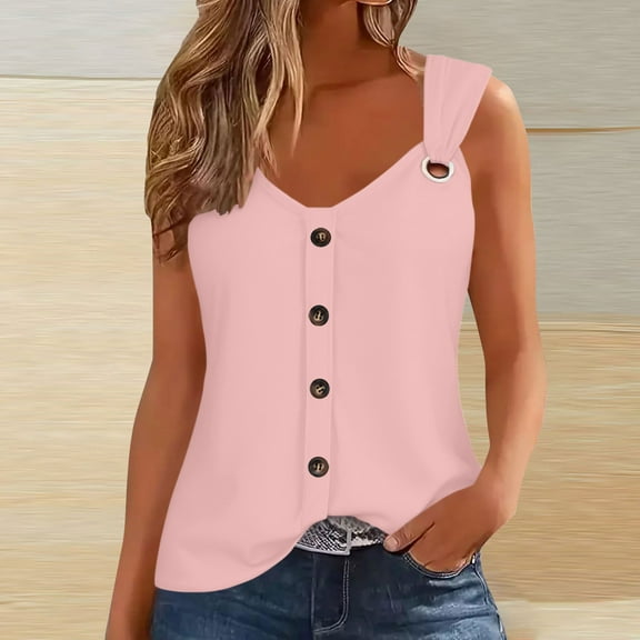 Sevevn Women's Solid Color Button Camisole - Sleeveless T-shirt Loose Tank Top Pink L Great Gifts for Less