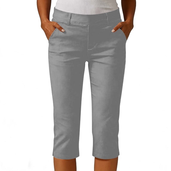 Sevevn Women's Solid Color Capri Pants Elastic Waist Straight Leg Cropped Pants with Pockets Gray S