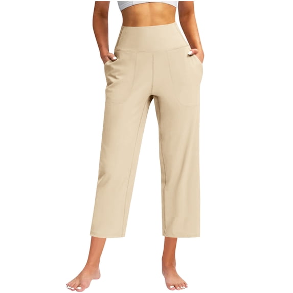 Sevevn Women's Solid Color Casual Sports Yoga Straight Leg Solid Color Pocket Nine-Point Pants