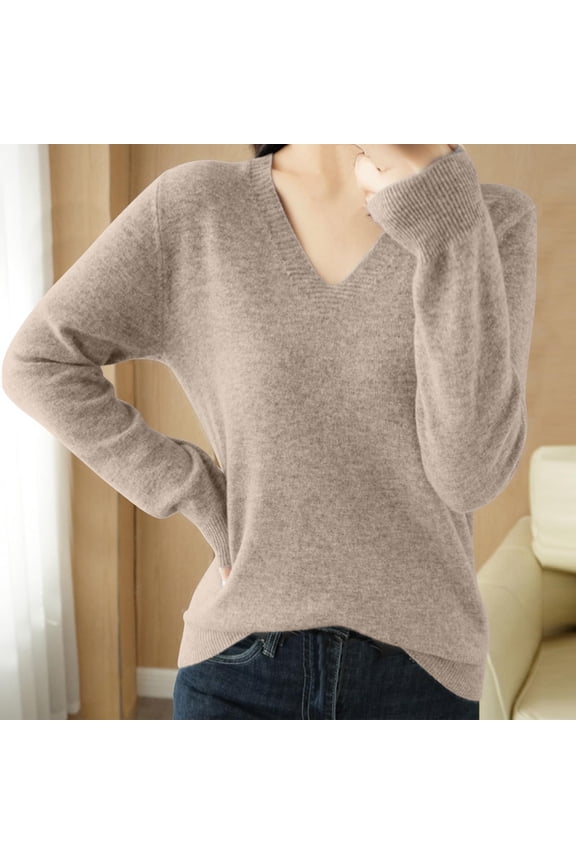 Women's Solid Color Knitted Sweater Long Sleeved V-Neck Fashionable Top Khaki M Summer Clearance