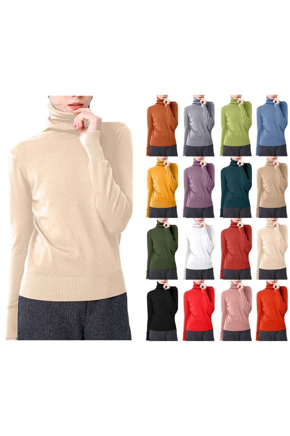 Women's Solid Color Long Sleeved Blouses Turtleneck Slim Base Fashionable Top Beige XL Great Gifts for Less