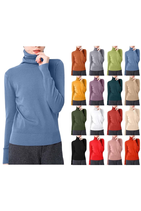 Women's Solid Color Long Sleeved Blouses Turtleneck Slim Base Fashionable Top Blue M Christmas