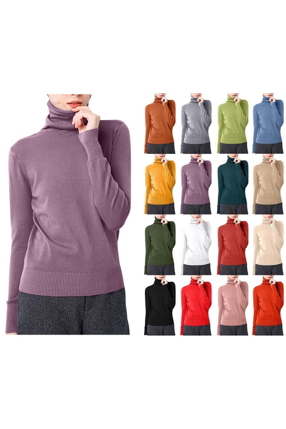 Women's Solid Color Long Sleeved Blouses Turtleneck Slim Base Fashionable Top Purple L Holiday Gift Finder