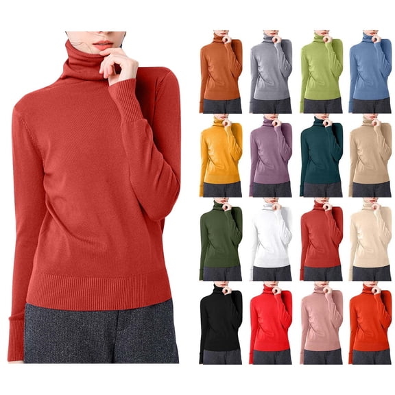 Sevevn Women's Solid Color Long Sleeved Blouses Turtleneck Slim Base Fashionable Top Watermelon Red XXL Family Gifts