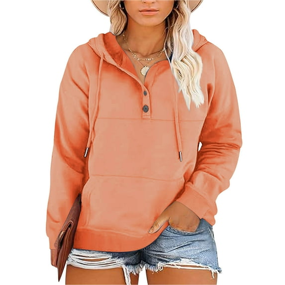Sevevn Women's Solid Color Plus Size Hooded Sweatshirt Pullover Long Sleeved Sweatshirt Orange XXXL Summer Savings