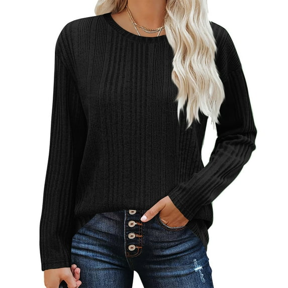Sevevn Women's Solid Color Ribbed Knit Casual Crew Neck Fall Dressy Tops for Women Tunic Blouse Black XXL