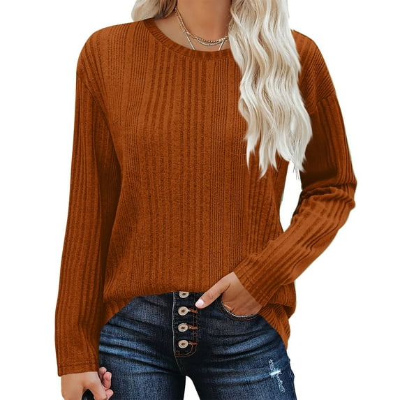 Sevevn Women's Solid Color Ribbed Knit Casual Crew Neck Fall Dressy Tops for Women Tunic Blouse Coffee M