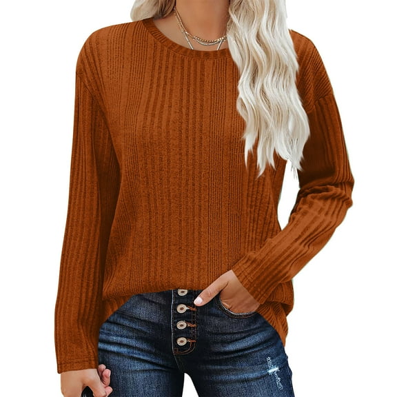 Sevevn Women's Solid Color Ribbed Knit Casual Crew Neck Fall Dressy Tops for Women Tunic Blouse Coffee XL