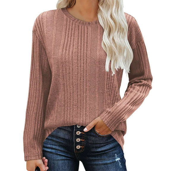 Sevevn Women's Solid Color Ribbed Knit Casual Crew Neck Fall Dressy Tops for Women Tunic Blouse Pink XXL