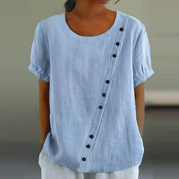 Sevevn Women's Solid Color Round Collar Button Short-Sleeved Blouse Blue M Spring Tops for Women