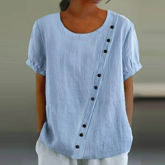 Sevevn Women's Solid Color Round Collar Button Short-Sleeved Blouse Blue S Summer Gift