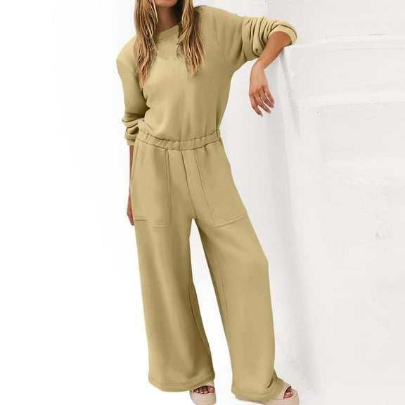 Sevevn Women's Solid Color Round-Neck Elastic Waist Pockets Loose Jumpsuit Khaki L Sales Today Clearance