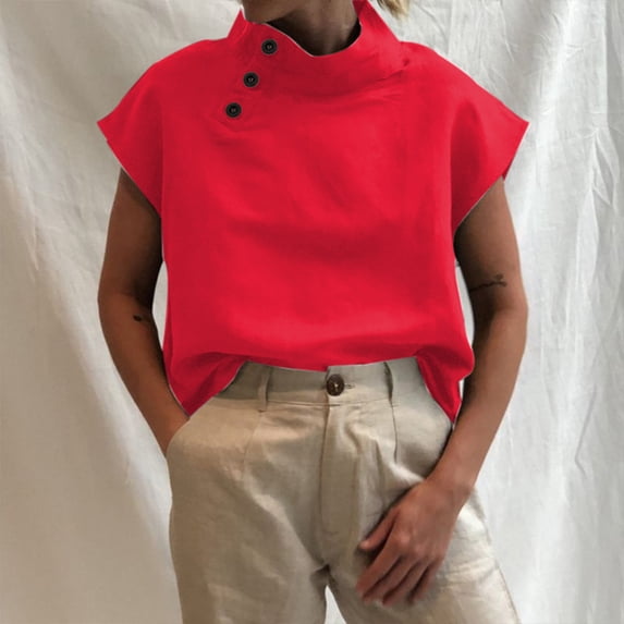 Exrradully Women's Solid Color Short Sleeve Casual Open Button Pullover Casual Loose Cotton Shirt Cotton T-shirt