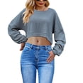 thumbnail image 1 of Sevevn Women's Solid Color Short Style Long Sleeved Fashionable Round Neck Top Holiday Gift Finder, 1 of 6