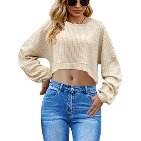 Sevevn Women's Solid Color Short Style Long Sleeved Fashionable Round Neck Top Holiday Gift Finder