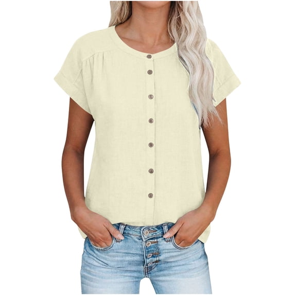 Sevevn Women's Solid Color Short-sleeved Raglan Button-down Casual Top/shirt