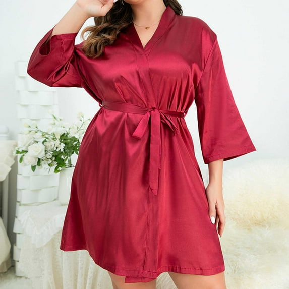 Sevevn Women's Solid Color Strappy Bathrobe Sexy Home Clothing Can Be Worn Externally With Ice Silk Pajamas And Pajamas Red XXL Summer Clearance
